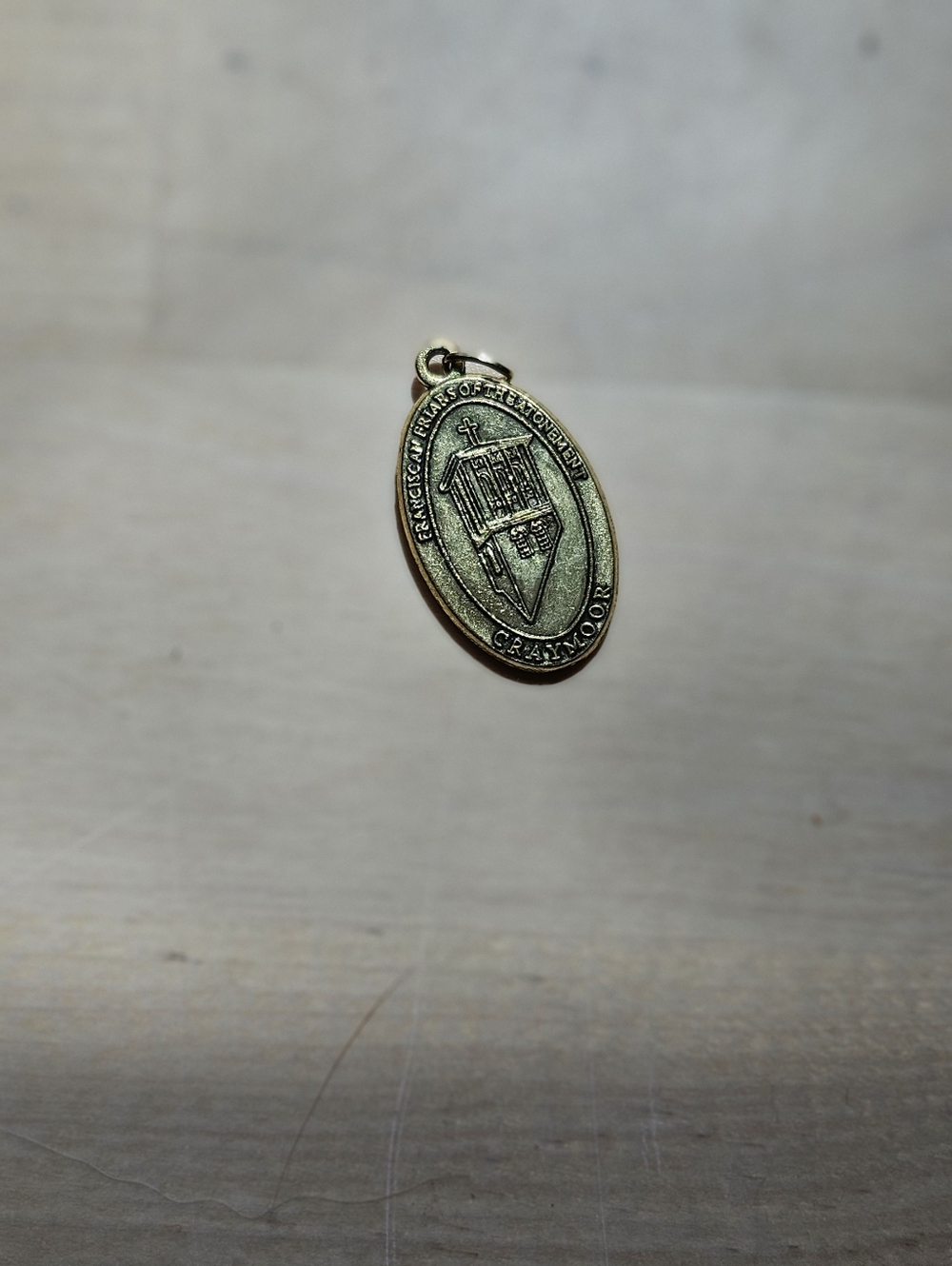 Gold-Tone Enamel Amber Oval Religious Medal Pendant with Crest St Anthony